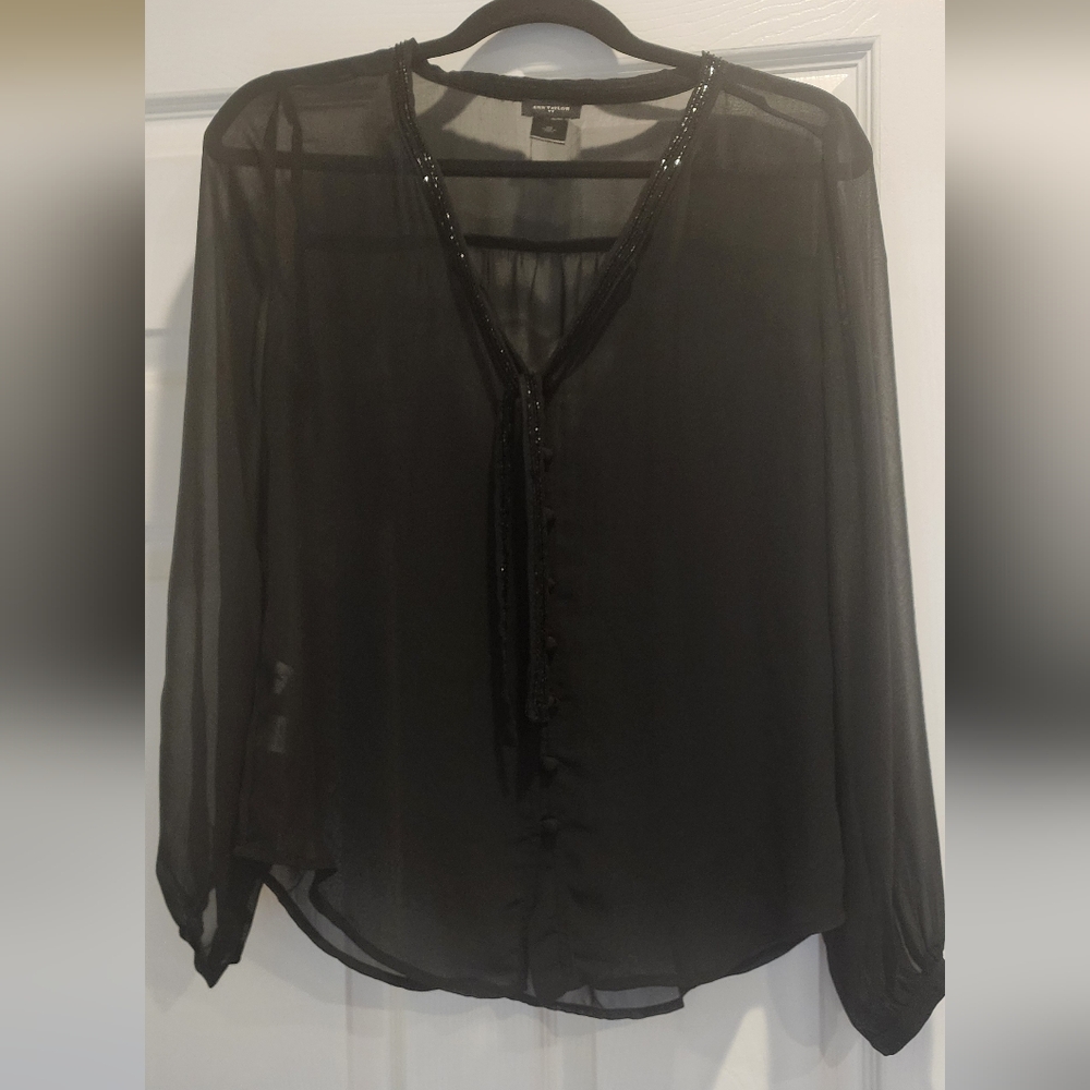 Ann Taylor Black Sheer Blouse with Beaded Trim